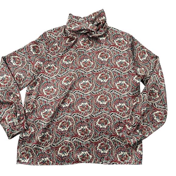 Vtg Jessica Lynn Blouse 8 Silky Polyester Red Green Floral Twisted Turtleneck - Picture 8 of 16